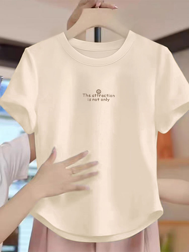 Women's Clothing in 13 Lines Pure Cotton Shoulder Short Short Sleeve T-shirt Women's Summer Sexy Silm Waist Letters Anti-Aging Top