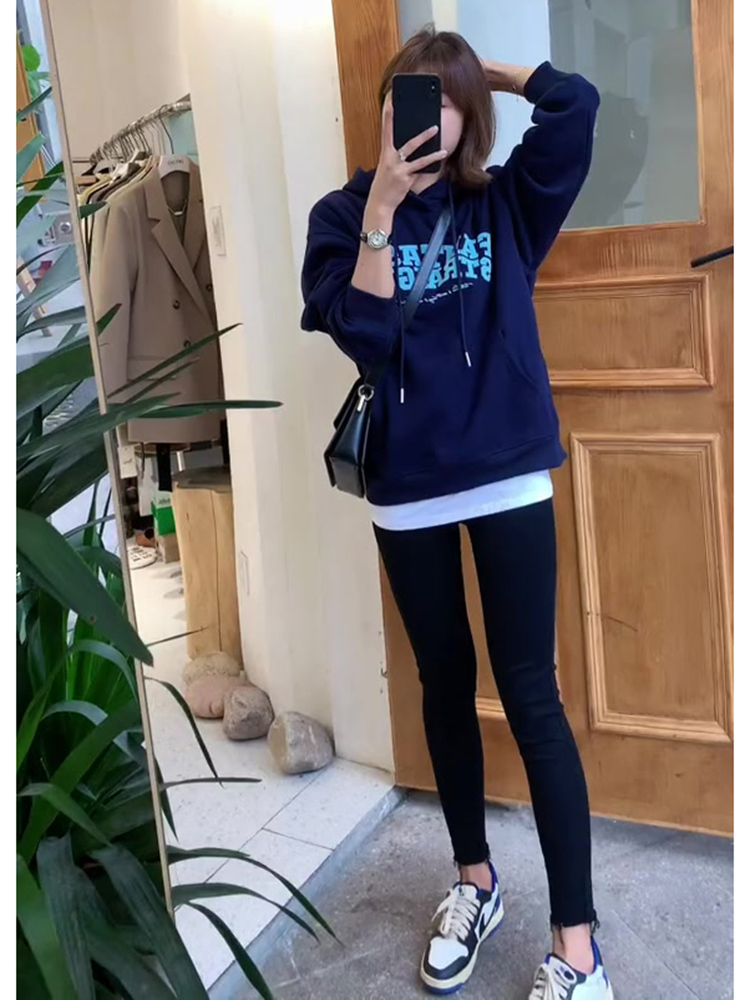 2025 Early Spring New Women's Clothing This Year Popular Beautiful European Goods Hooded Blue Sweatshirt Female Petite Top Female Autumn