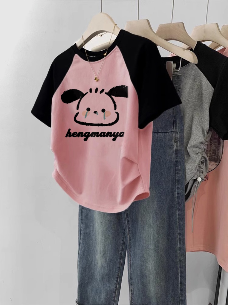Cartoon Short-Sleeved Pink T-shirt for Women 2025 Summer New Arrival Plus Size Women's Clothing Plus Size Ladies Shoulder Silm Short Top Clothes