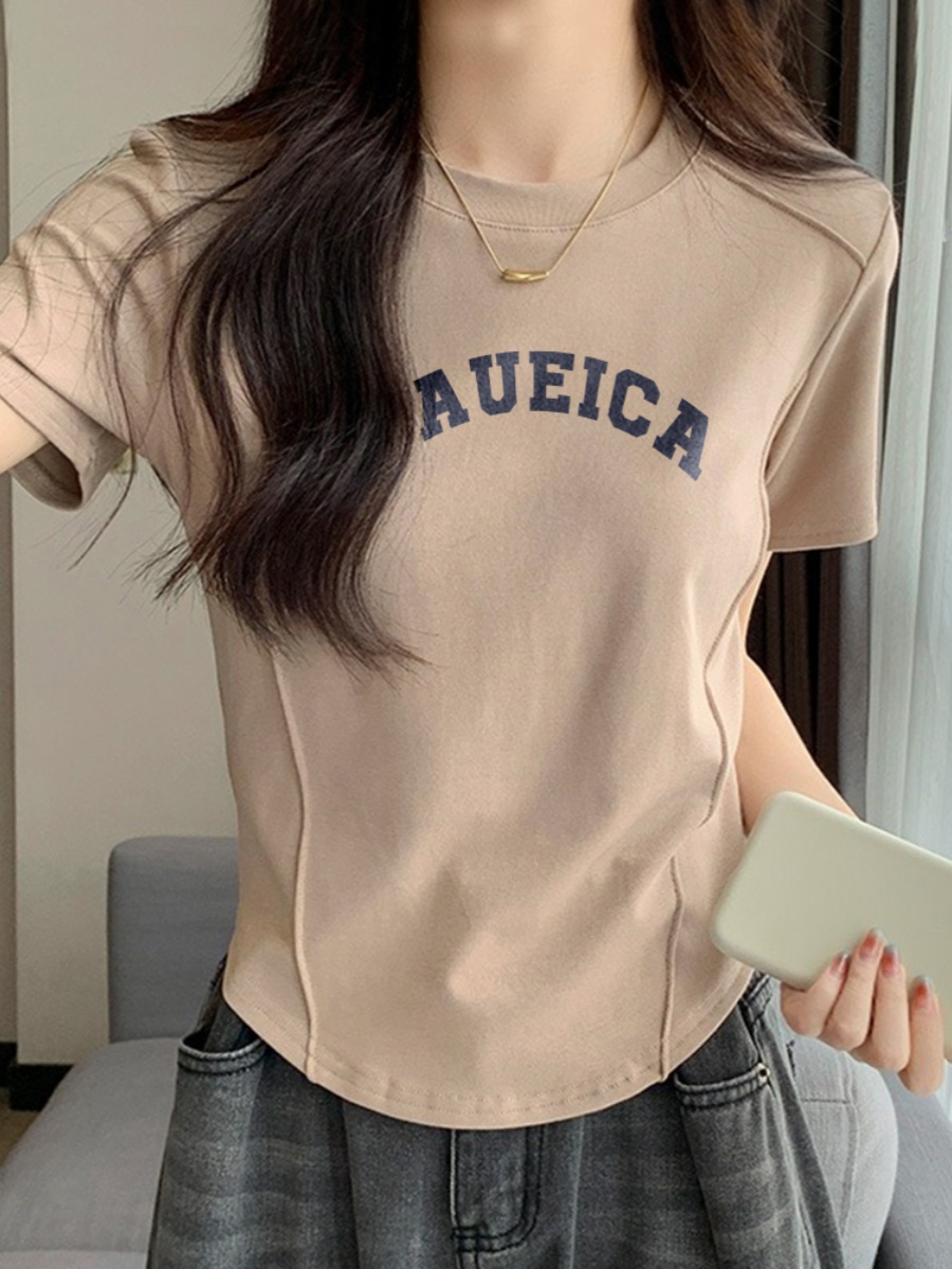 American-Style Shoulder Short Fishbone T-Shirt Women's Summer 2025 New Pure Cotton Short Sleeve Silm Slim Looking Plus Size Oversized Girls' Top