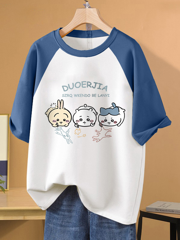 Plus Size Plus Size Ladies American Retro Contrast Color Raglan Short Sleeve T-Shirt Women's Summer Stylish Niche Loose Slim Looking Tops