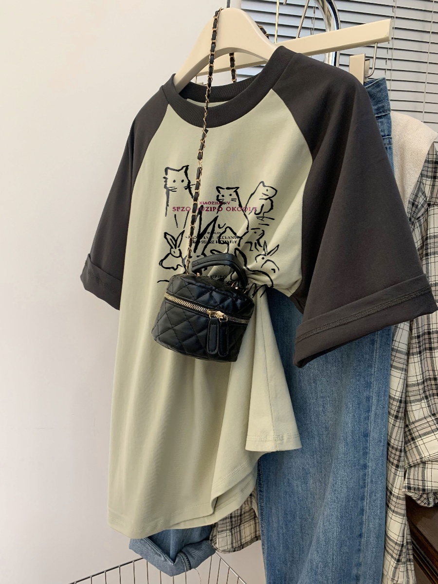 Chinese Fad Retro Raglan Sleeve T-shirt Female Summer Ins New Arrival Pure Cotton Plus Size Plus Size Ladies Slim Looking Short Sleeve Belly-Covering Coat