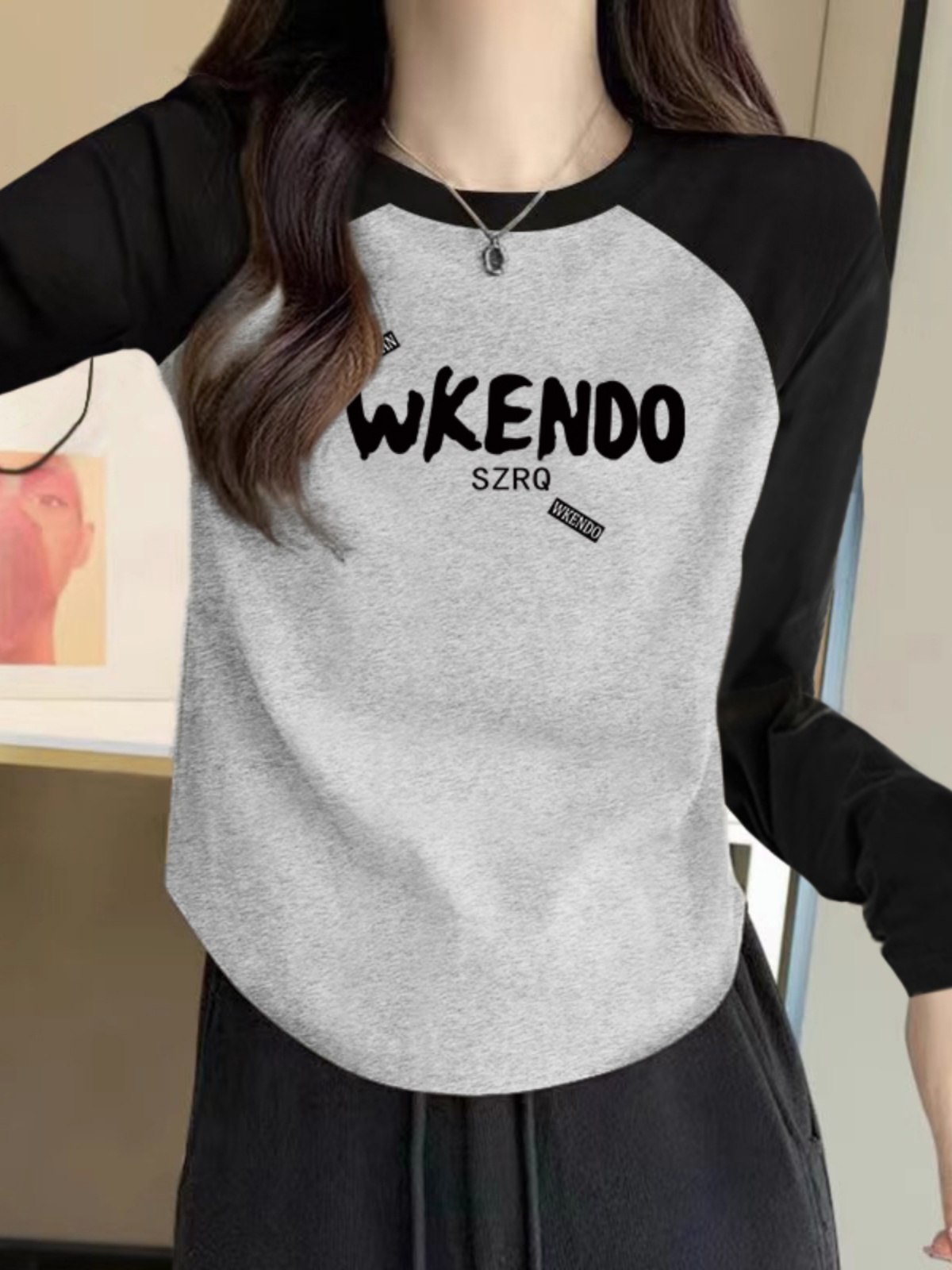 American Retro Color Contrast Long Sleeve T-shirt Women's Spring & Fall New Design Sense Plus Size Plus Size Ladies Silm Raglan Sleeve Top Clothes