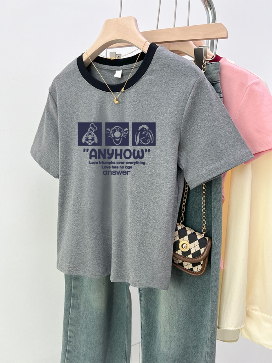 Minimalist Easiest for Match Gray Color Blocking Shoulder Short Sleeve T-Shirt Women's 2025 Summer New Arrival Slim Fit Slimming Top Ins Fashion
