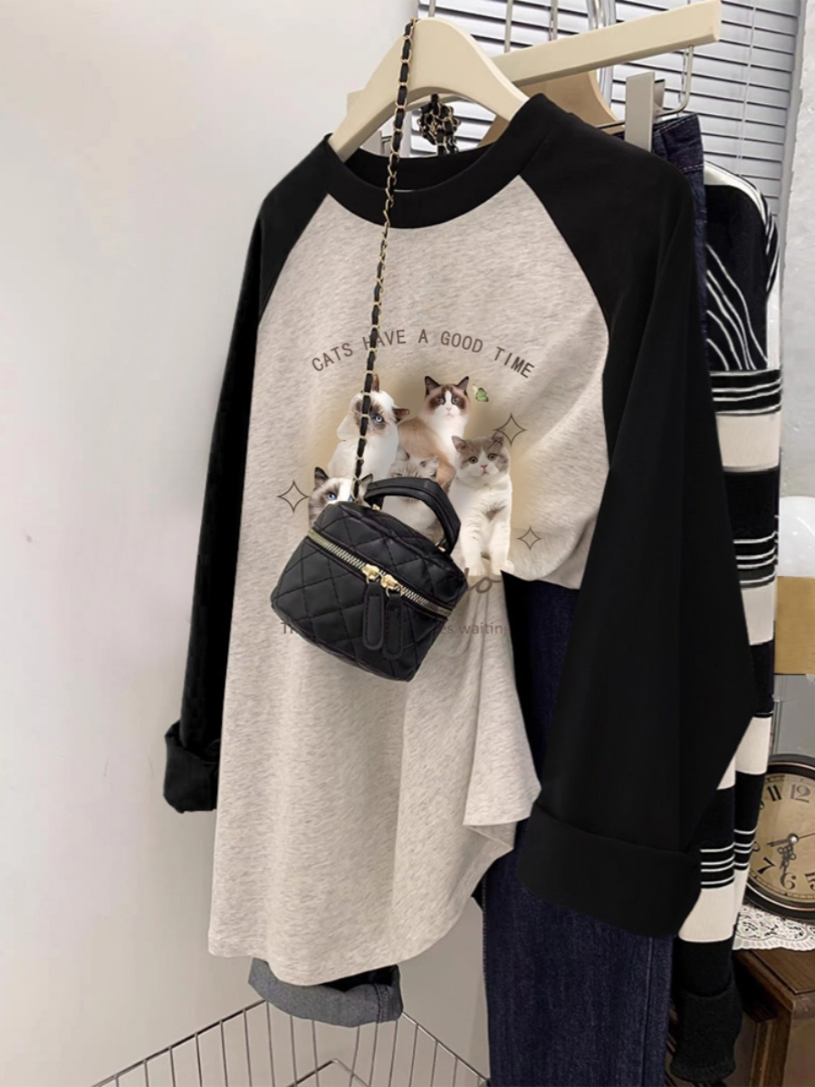 Plus Size Ladies Plus Size Women's Clothing American Contrast Color Raglan Sleeve T-Shirt Female Spring & Fall Loose Slimming Slim Fit Long Sleeve Underwear Top