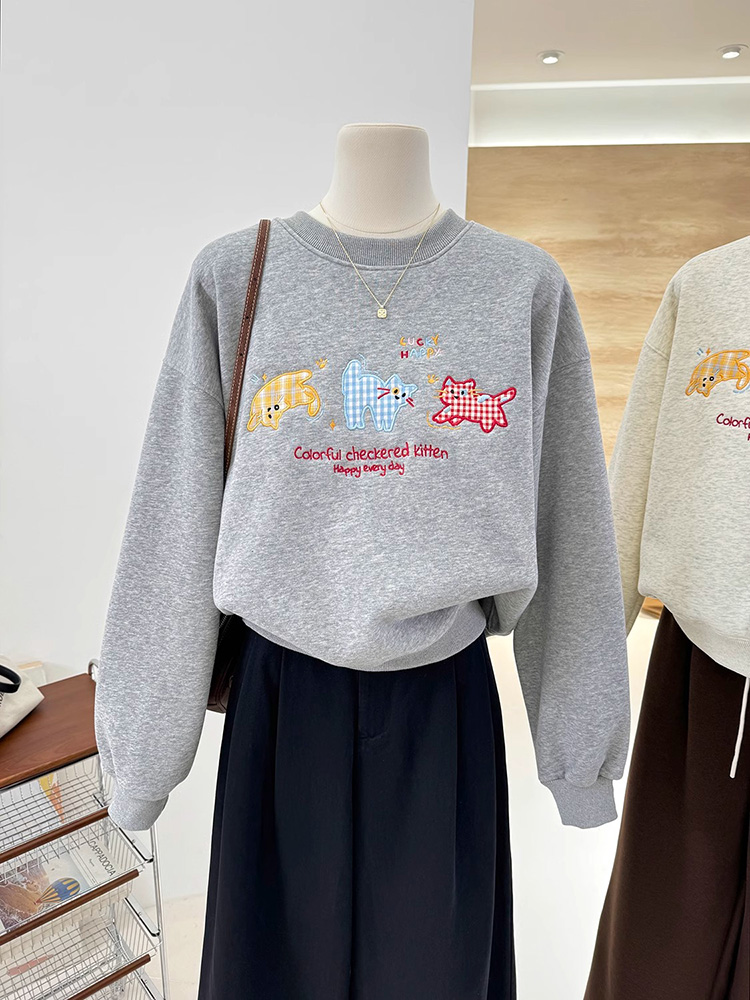 American Retro Embroidered Crew Neck Sweatshirt Female 2025 New Arrival Best Selling Plus Size Plus Size Ladies Korean Style Idle Style Top without Hood