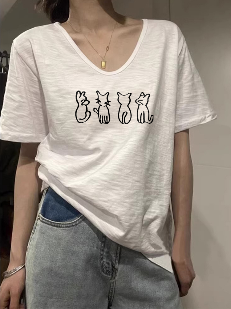 Slub Cotton V Neck Short Sleeve T-Shirt Women's 2025 Summer New Arrival Plus Size Plus Size Ladies Loose Half Sleeve Thin Tops