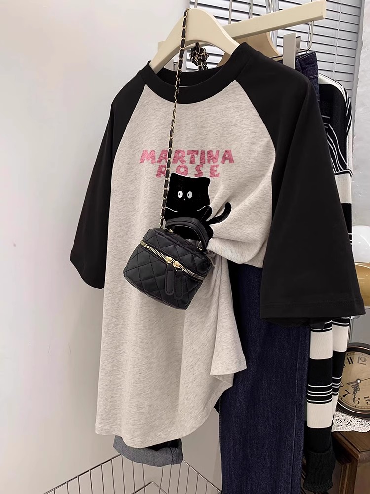 Raglan Sleeve Plus Size Loose American Retro Contrast Color Short Sleeve T-shirt for Women 2025 Summer New Arrival Plus Size Ladies Slim Looking Tops