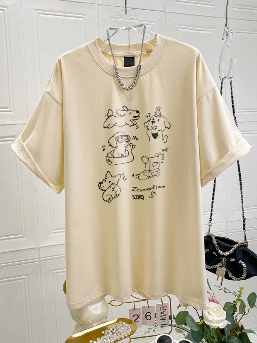 Pure Cotton Shoulder Short Sleeve T-Shirt Women's 2025 Summer New Arrival Loose Western Style Print Crew Neck T-shirt Half Sleeve Tops Ins