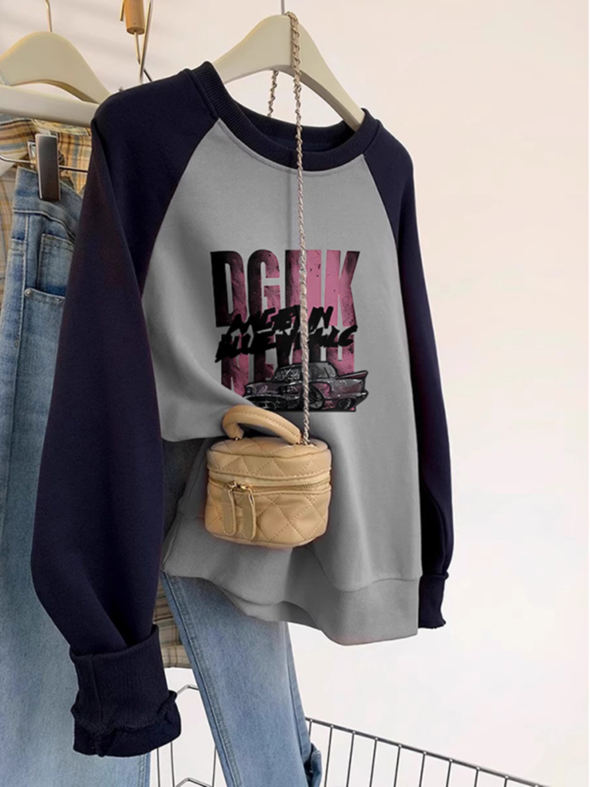 American Vintage Raglan Sleeve Hoodie - Autumn/Winter New Design Sense Niche Plus Size Chubby Girl Slimming Top Outerwear Fashion