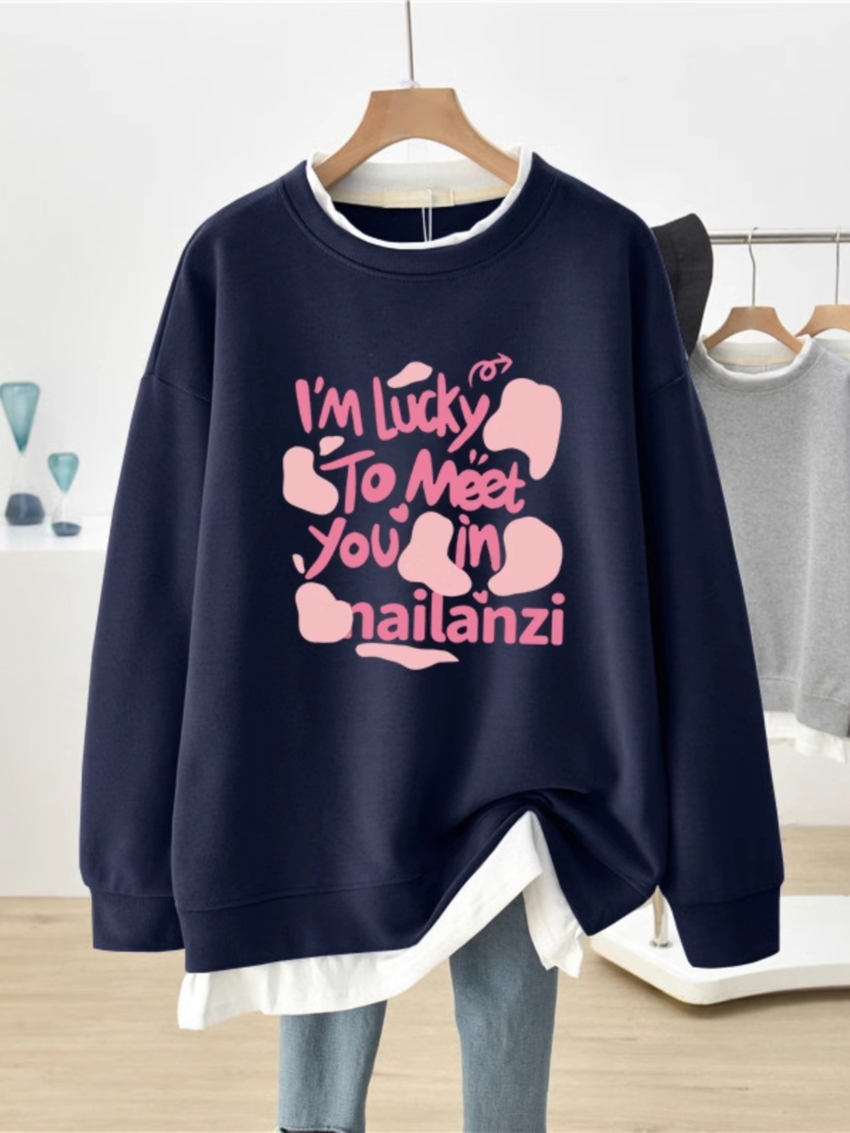 Idle Style Fake Two-Piece Fall and Winter Fleece-lined Hoodless Sweater Female Plus Size Plus Size Ladies Loose 2025 New Arrival Best Selling Outwear Tide