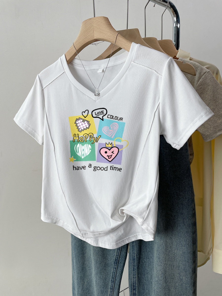 V-neck T-Shirt Women's Short-Sleeved Letter Printed Bottoming Shirt Inner Wear 2025 New Arrival Shoulder Collar Summer Half Sleeve Top