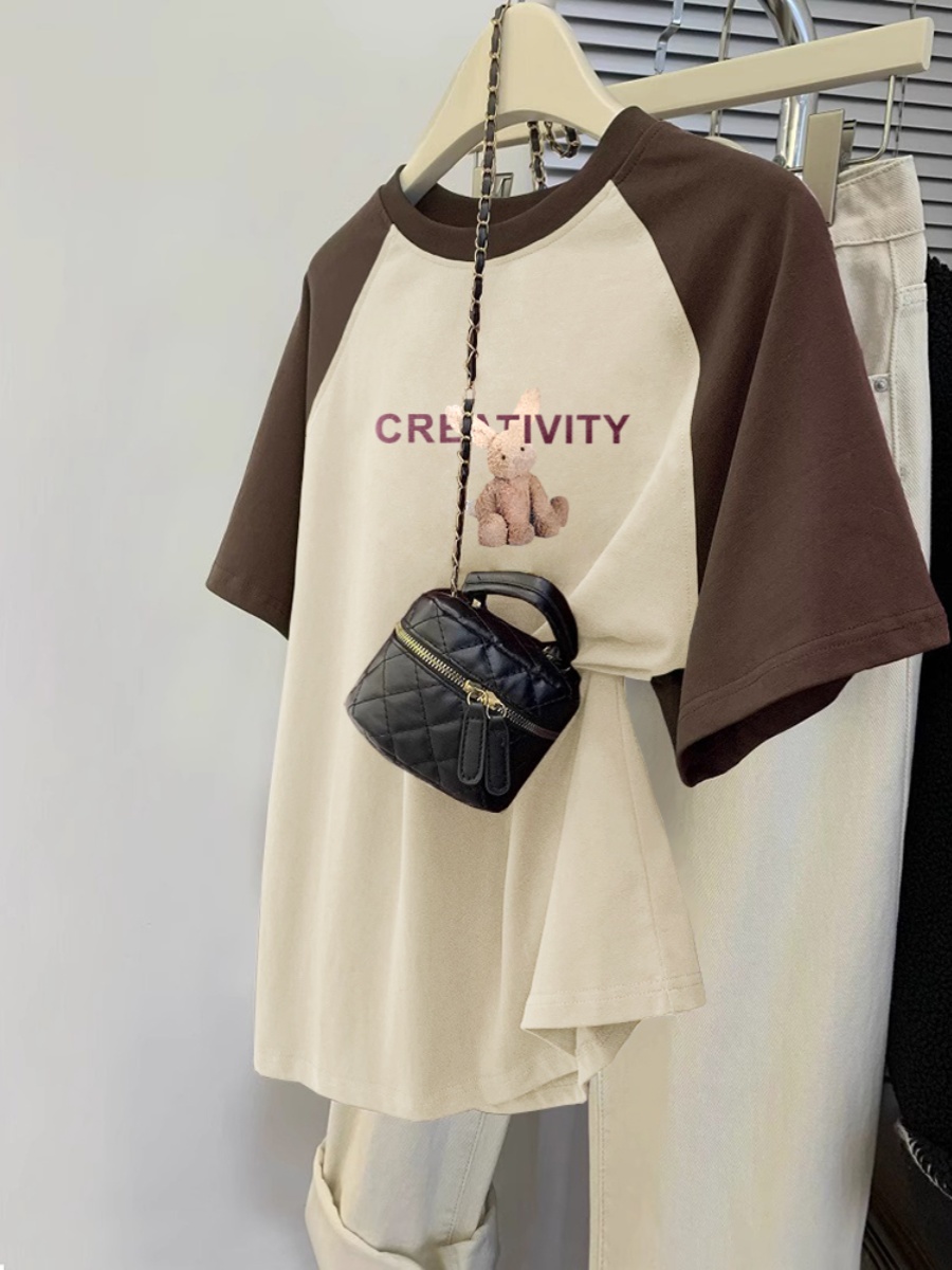 Plus Size Ladies Pure Cotton Short Sleeve T-Shirt Women's Summer Loose Slim Looking Plus Size Niche Design Contrast Color Raglan T-shirt Top
