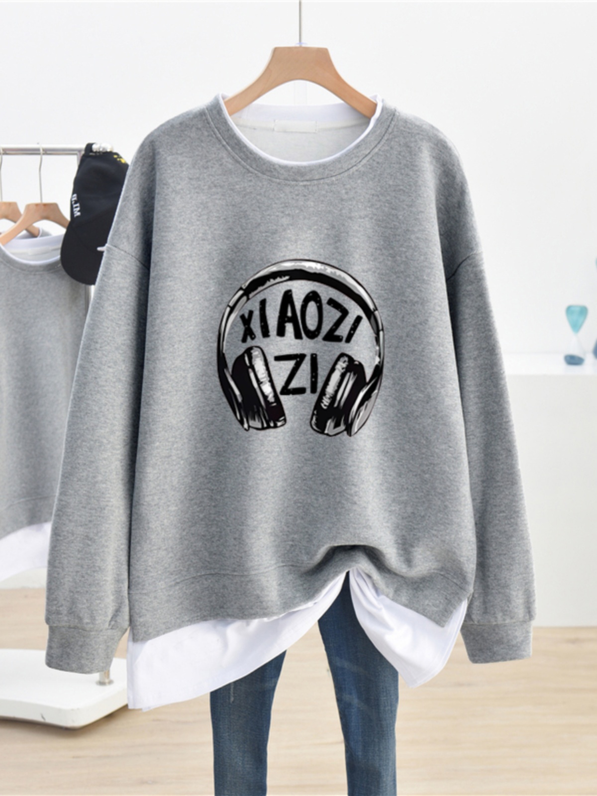 Hooded Gray Sweater Women 2025 New Arrival Best Selling Plus Size Fall and Winter Fleece-lined Oversize American Fake Two-Pieces Coats