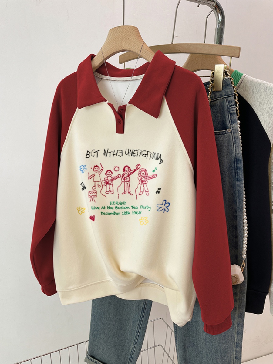 Plus Size Polo Collar Long Sleeve Fleece Pullover Female Fall and Winter American Style Loose Plus Size Ladies Slim Looking Belly Covering Raglan Sleeve Tops Tide