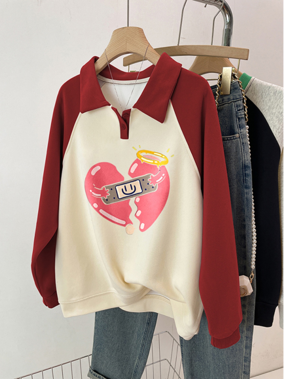 100.00kg Plus Size Ladies Plus Size Fall and Winter Fleece-lined Thickened Polo Collar Sweatshirt Loose Female Slimming Sense of Design Niche Top