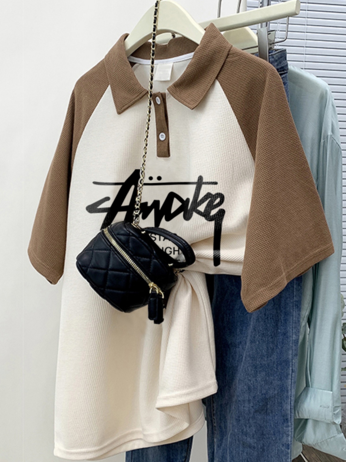 Stylish Niche Style Short Sleeve T-Shirt Women's Summer Loose Plus Size Mid Length Long Length Polo Collar Raglan Sleeve Contrast Color Top Clothes