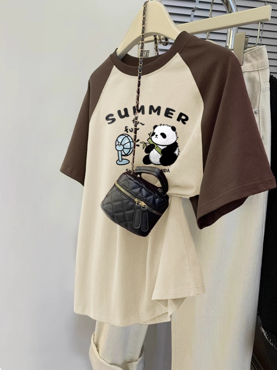 Contrast Color Pure Cotton Short-Sleeved Women's T-shirt 2025 New Arrival Summer Plus Size Ladies Plus Size Fashion Younger Pattern Print T-shirt Top Tide