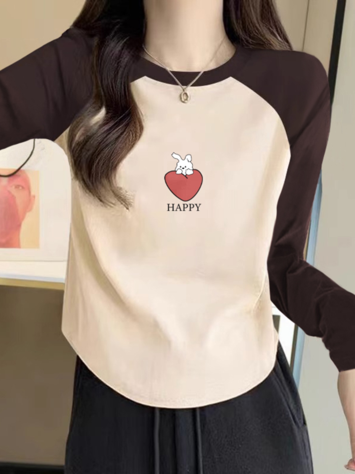 Raglan Color Contrast Long Sleeve T-shirt Women Silm 2025 New Arrival Best Selling Plus Size Plus Size Ladies Bottoming Shirt Short Autumn Winter Coat