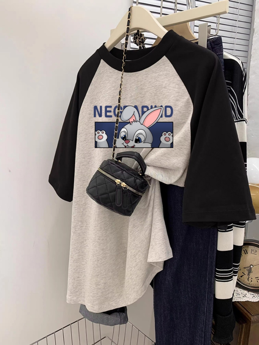 Plus Size Ladies Raglan Pure Cotton Short Sleeve T-Shirt Women's Summer Loose Oversize Belly-Covering Coat Hiding Meat Plus Size Women's Clothing