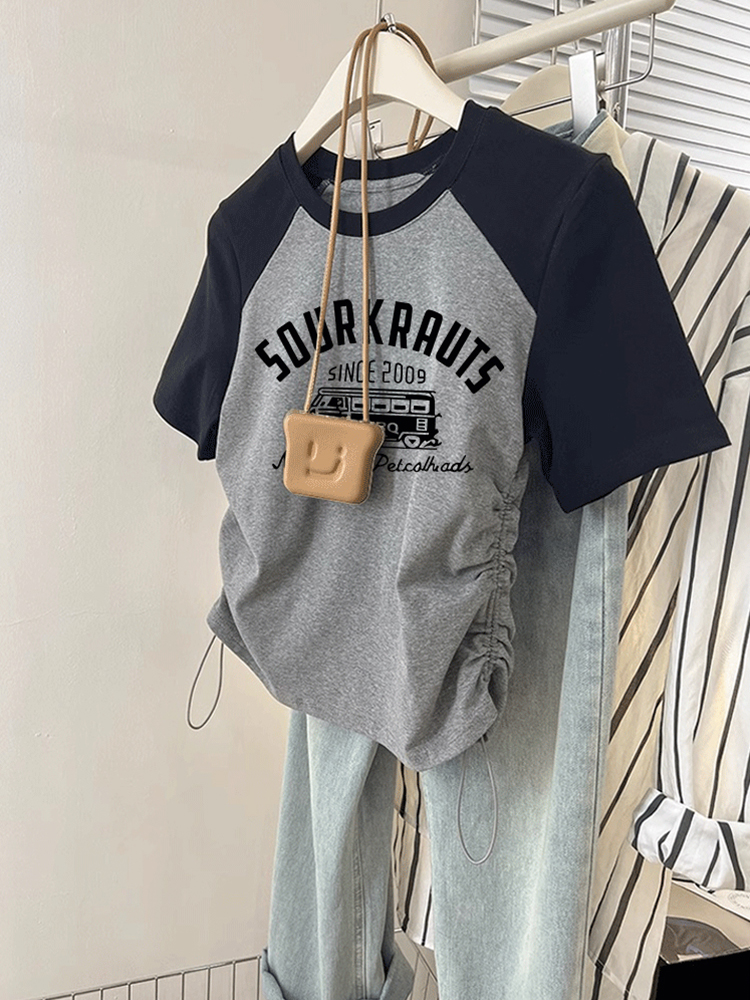 Shoulder Short Silm Summer Pure Cotton T-shirt Women's Plus Size Slightly Oversized Girls Slim Looking Raglan Sleeve Patchwork Waist-Slimming Top Clothes