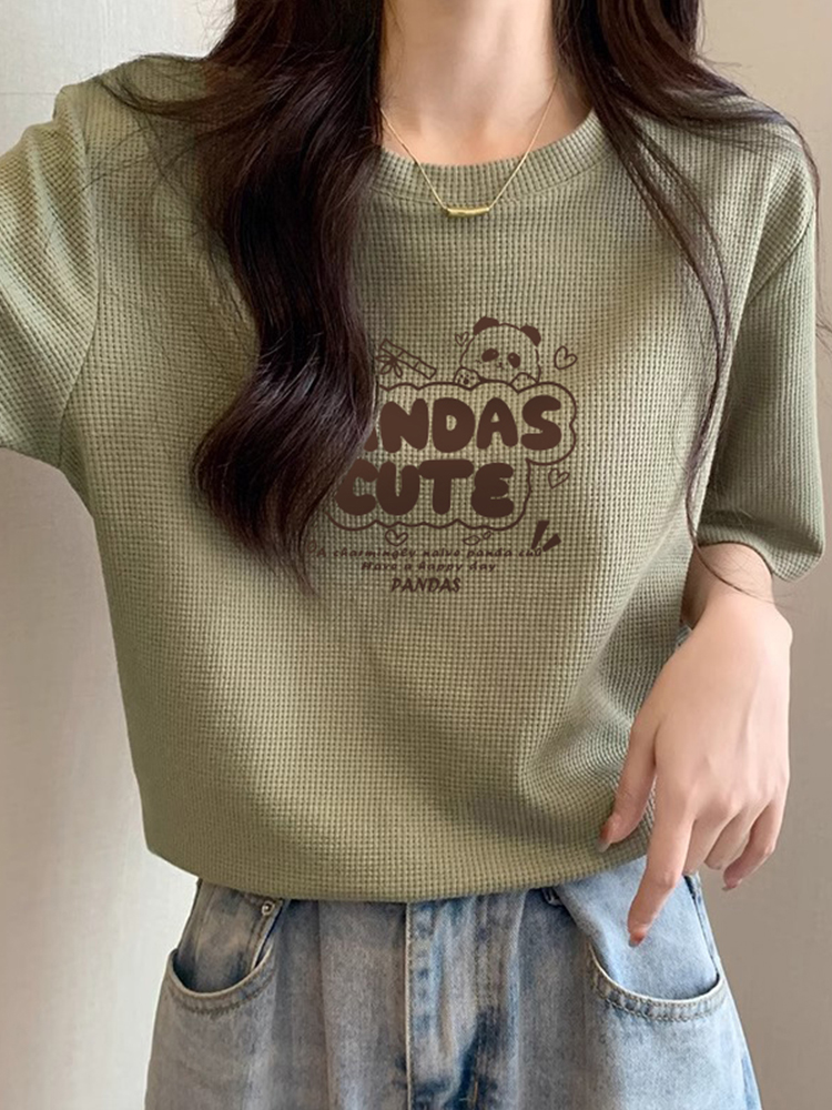 2025 New Arrival Women's Waffle Shoulder round Neck Short Sleeve T-Shirt Loose Casual White Tops Pure Cotton Thin Summer