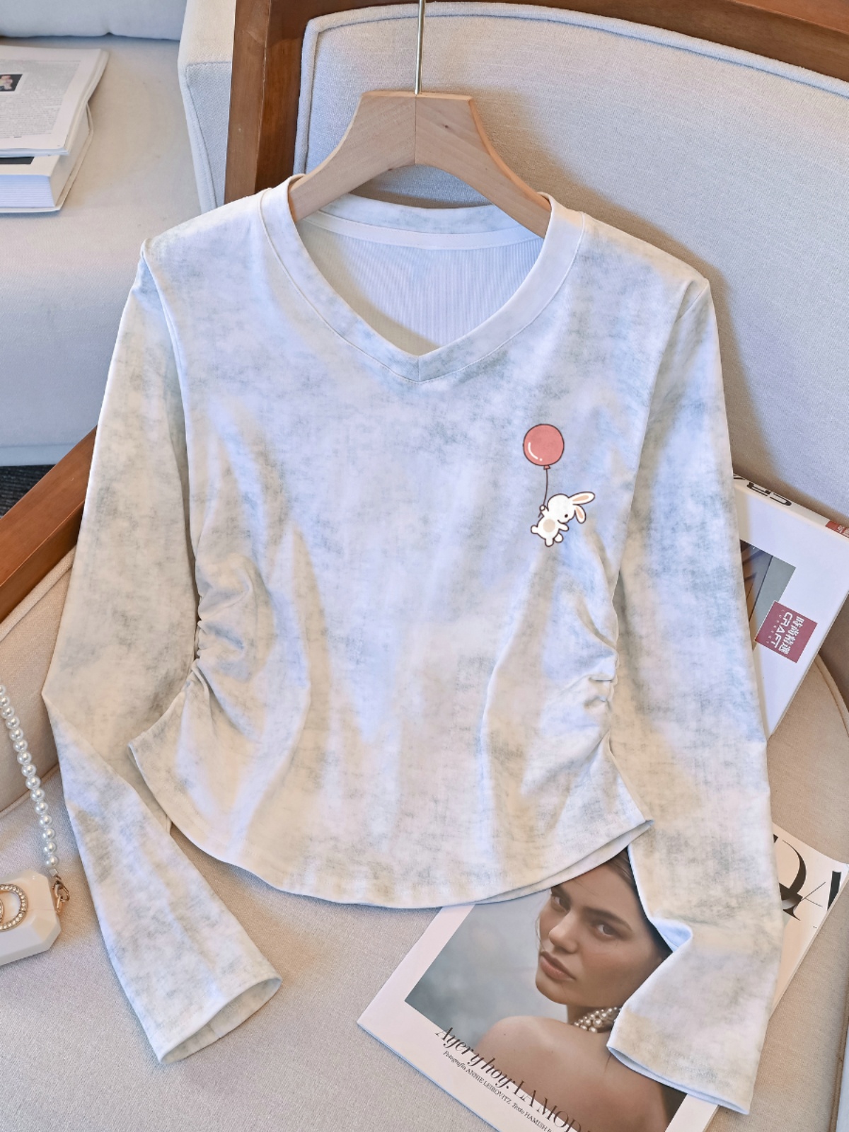 Plus Size Tie-Dyed Short Shoulder Long Sleeves T-Shirt Women's Autumn and Winter 2025 New Arrival Silm Inner Bottoming Shirt V Neck Tops