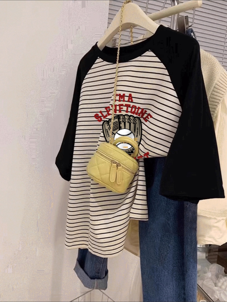 2025 New Arrival Stripes Raglan Sleeve round Neck Short Sleeve T-Shirt Women's Plus Size Women's Clothing Plus Size Ladies Slim Looking Summer
