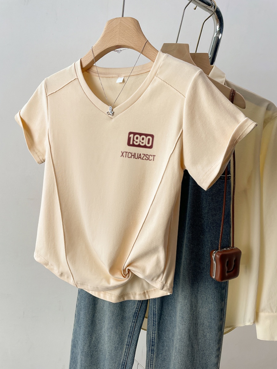 V Neck Shoulder Short Sleeve Silm Summer T-shirt Female American Retro 2025 New Arrival Best Selling Plus Size Plus Size Ladies Slim Looking Tops