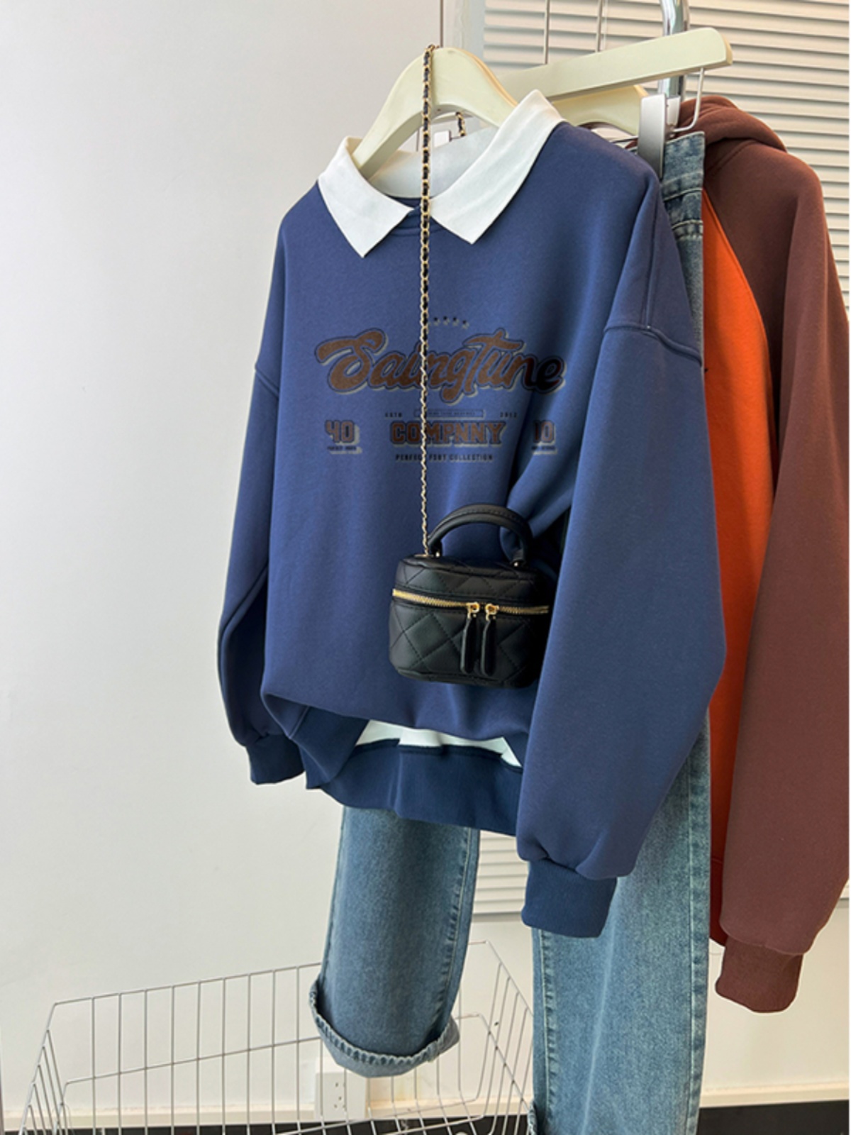Plus Size Oversize Sweatshirt Female Polo Collar Autumn and Winter Fleece-lined Thick Loose American Retro Lazy Coat