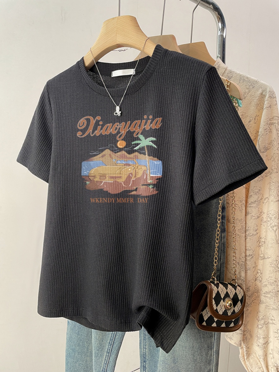 Shoulder Short Sleeve T-Shirt Women's Summer 2025 New Arrival Best Selling round Neck Loose Plus Size White Half Sleeve Waffle Tops