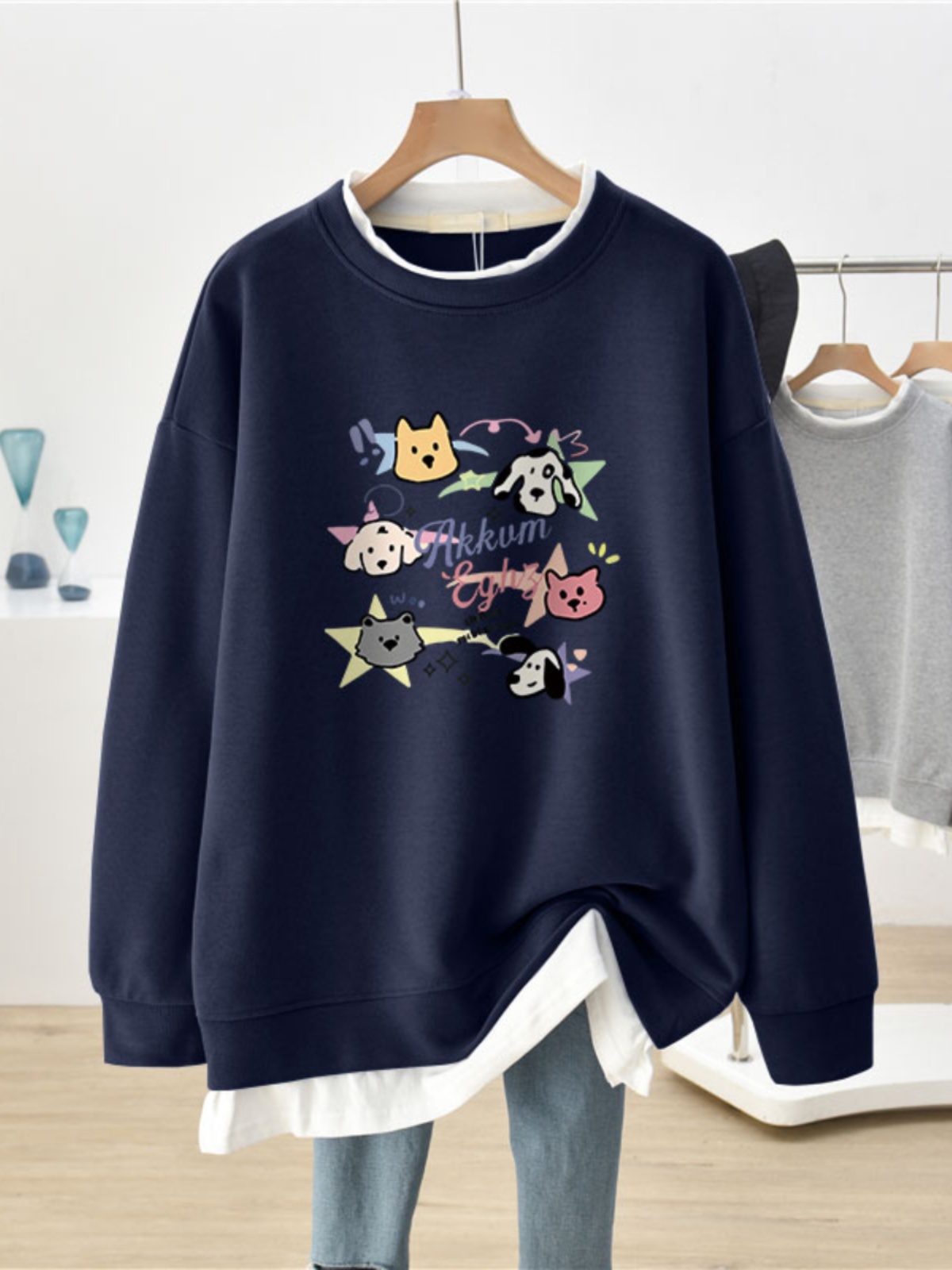 Fake Two-Piece Plus Size Loose round Neck Sweatshirt Women's 2025 New Arrival Best Selling Korean Style Idle Style Fall and Winter Fleece-lined Top Clothes