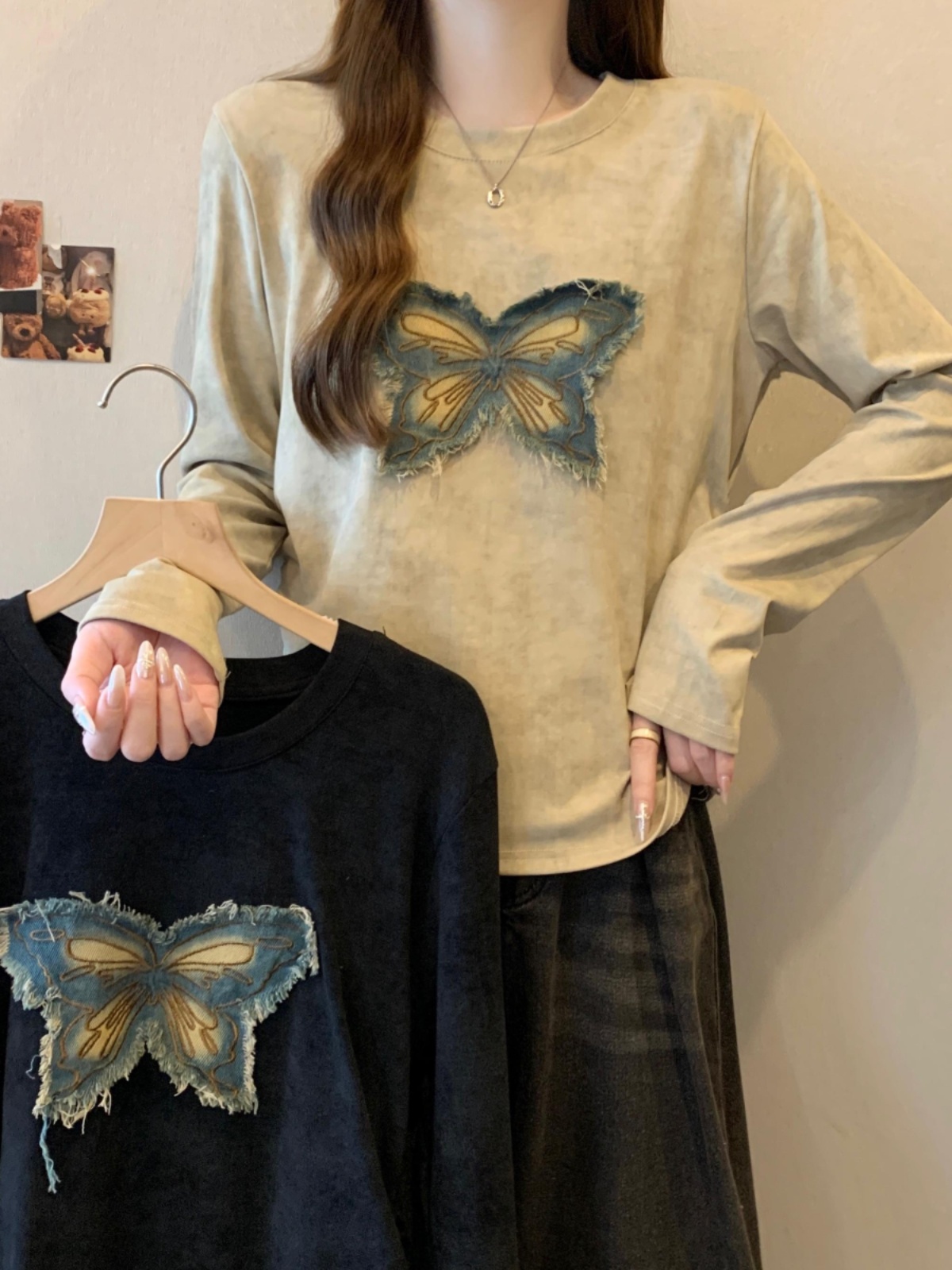 Plus Size American Retro Long Sleeves T-shirt Female Spring and Autumn Slimming Pleated Tops Chubby Girl Butterfly Patch Tie-Dyed T-shirt Fashion