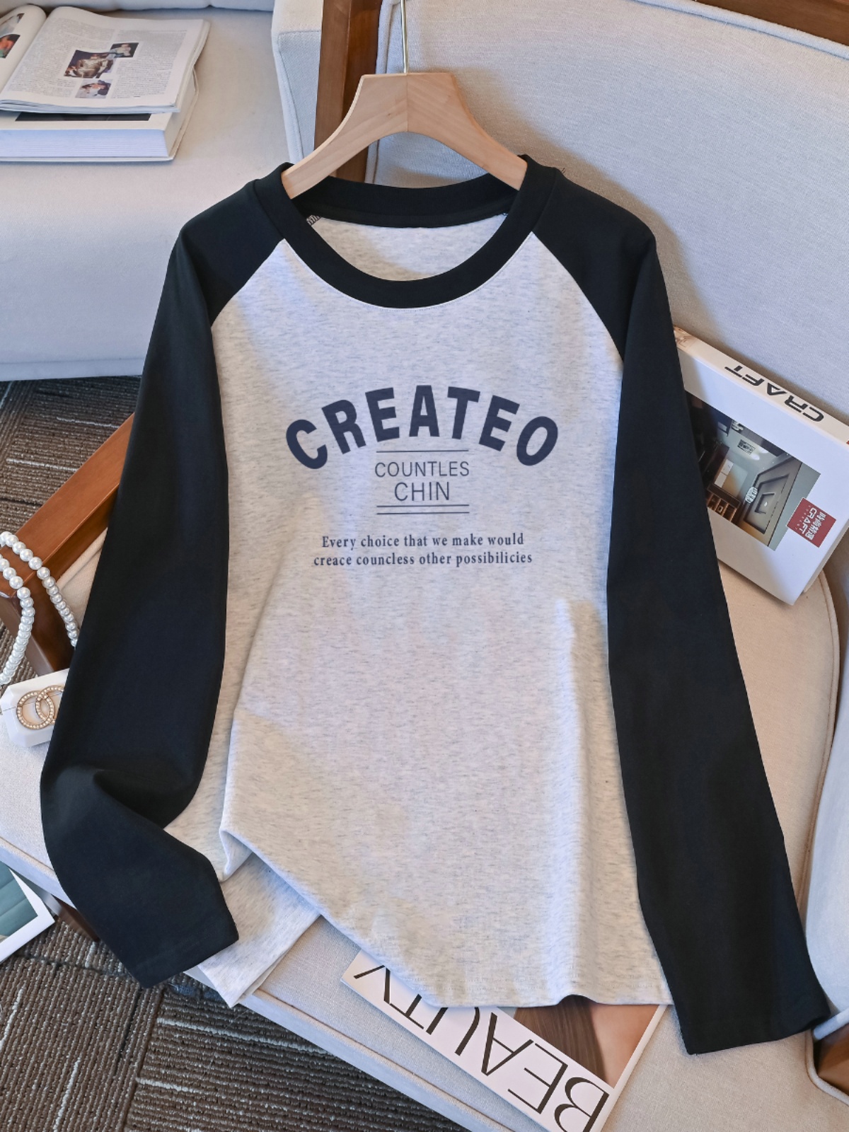 100.00kg Plus Size Plus Size Ladies Raglan Sleeve T-shirt for Women Early Autumn New Best Selling Loose Slim Looking Inner Bottoming Shirt Top Clothes