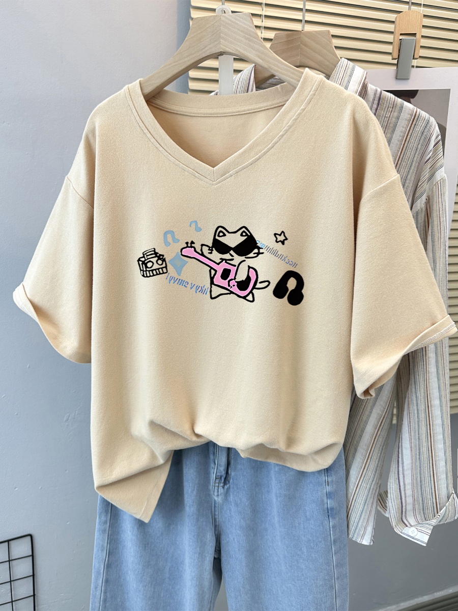 Pure Cotton Shoulder Short Sleeve T-Shirt Women's Summer 2025 New Arrival Niche Design Plus Size Loose T-shirt V Collar Blouse