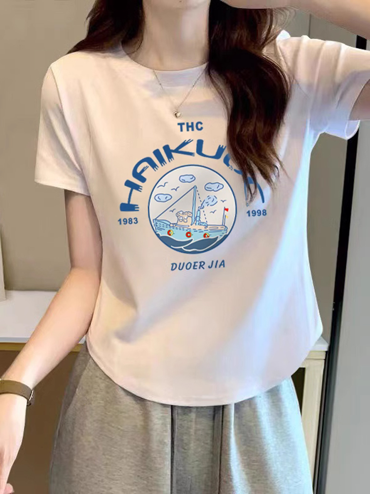 White Plus Size Summer Short Sleeve Shoulder T-shirt Female Slightly Oversized Girls Slimming Cotton Age-Reducing Half Sleeve American Retro Tops