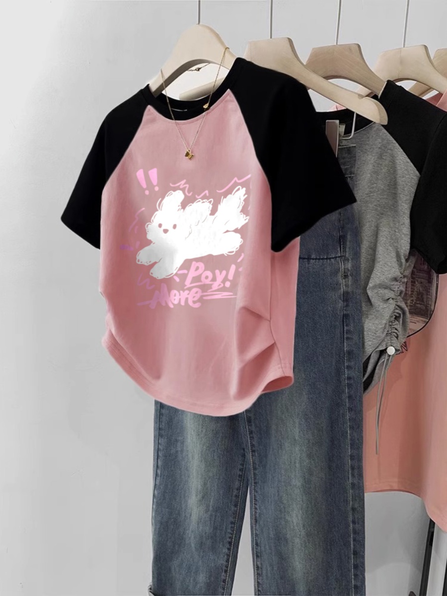 Pink Idle Style Raglan Sleeve Short Pure Cotton T-shirt Women's Summer 2025 New Arrival Plus Size Women's Clothing Plus Size Ladies
