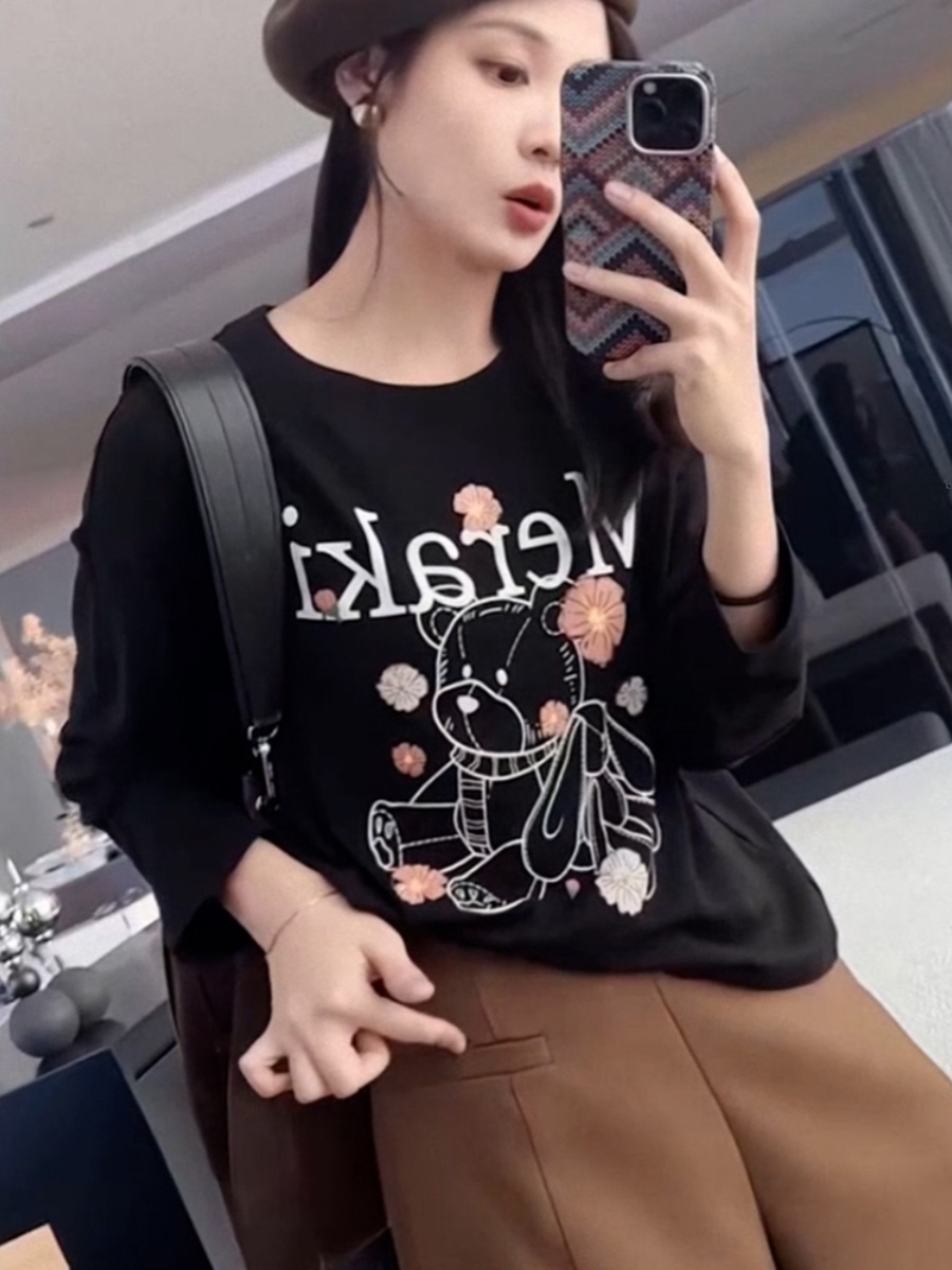 Black American Retro Sweatshirt Women 2025 New Arrival Best Selling Spring and Autumn Fancy Thin Shoulder Tops Women Spring & Fall