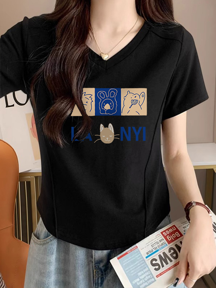 Shoulder V-neck Short Sleeve T-Shirt Women's Summer 2025 New Arrival Plus Size Plus Size Ladies Silm Slimming and Short Pure Cotton Fishbone Tops