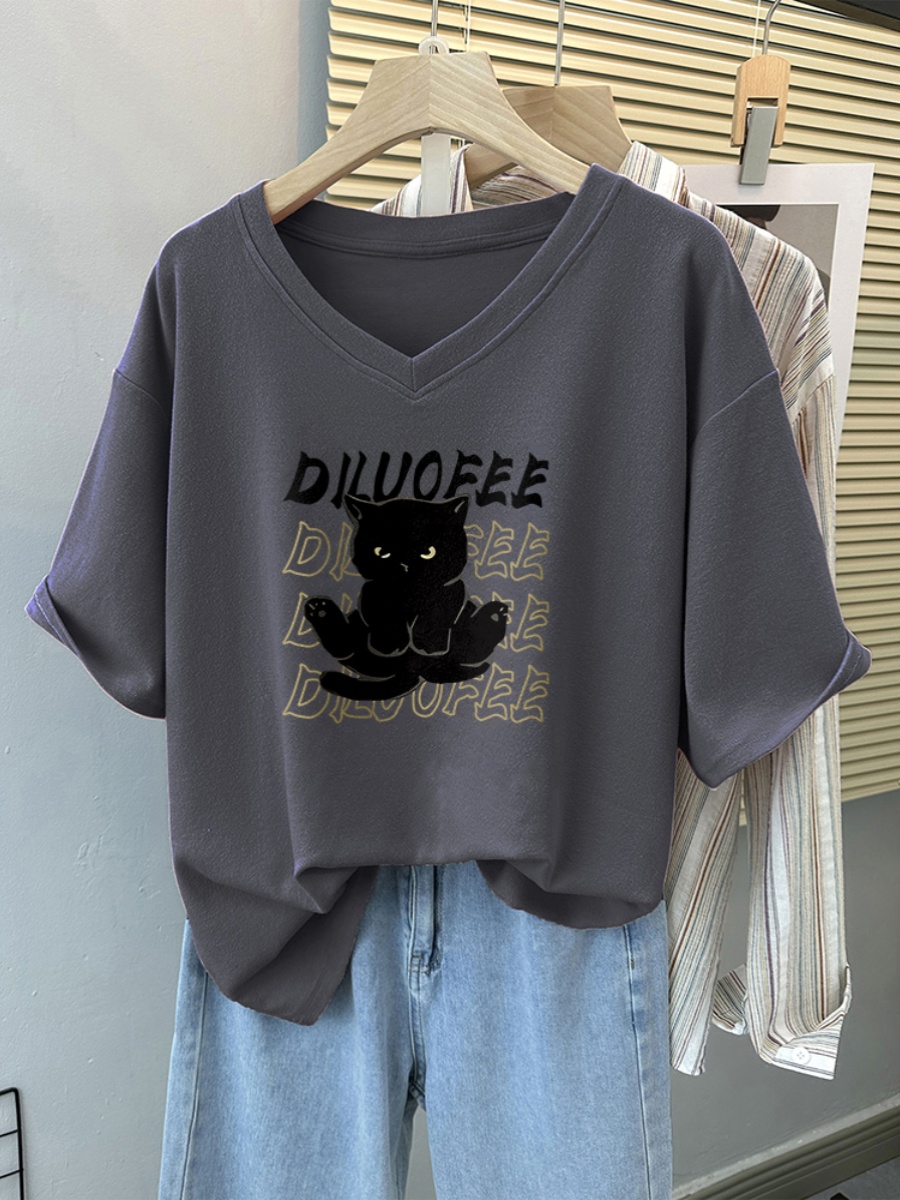 V Neck Short-Sleeved T-shirt for Women 2025 Summer New Arrival Loose Casual Plus Size Plus Size Ladies Pure Cotton American Retro T-shirt Top