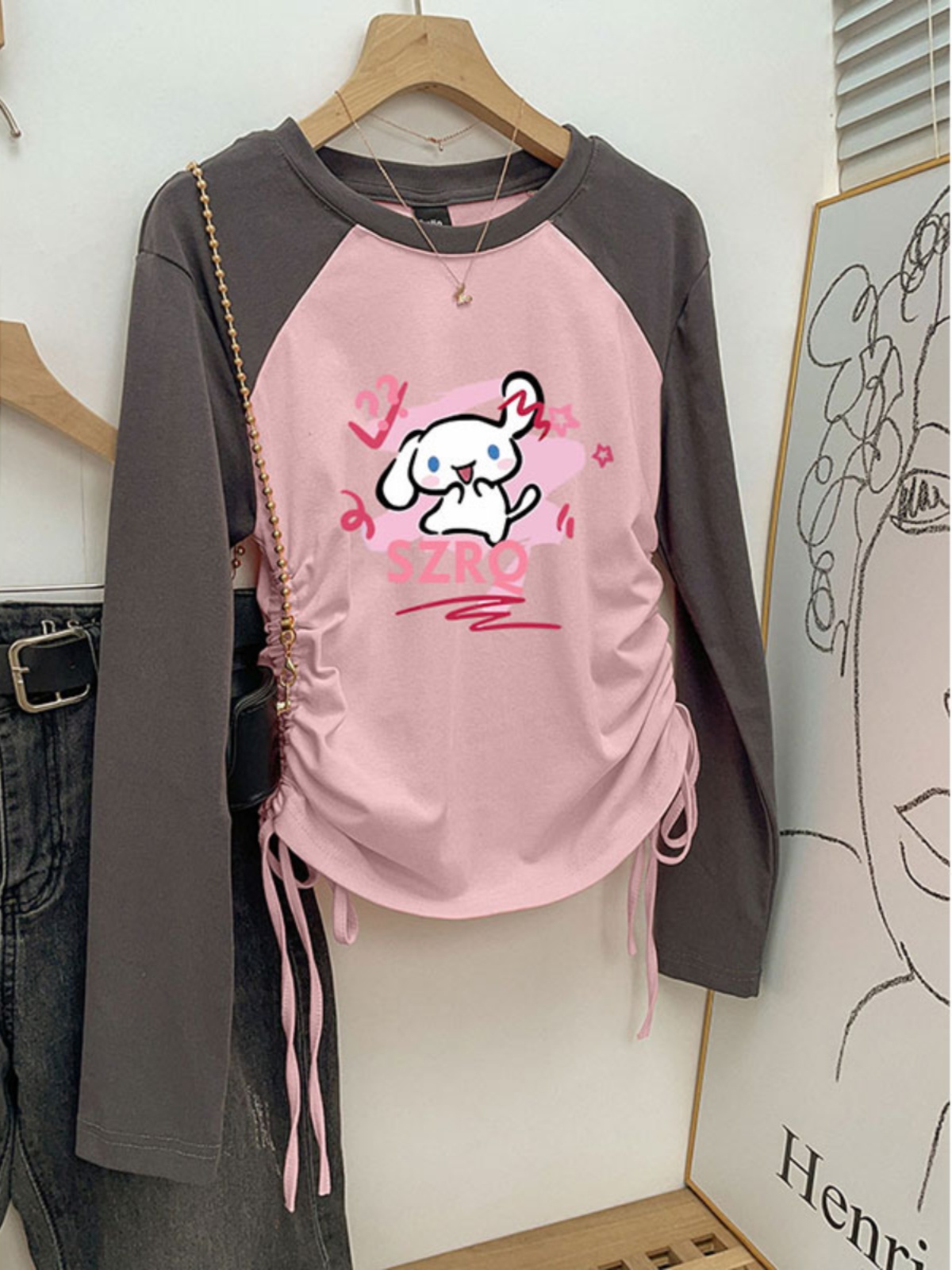 2025 Early Autumn New Slim Fit Long-Sleeved T-shirt Women's Plus Size Plus Size Ladies Slim Looking Belly Covering Short Drawstring Top Bottoming Shirt