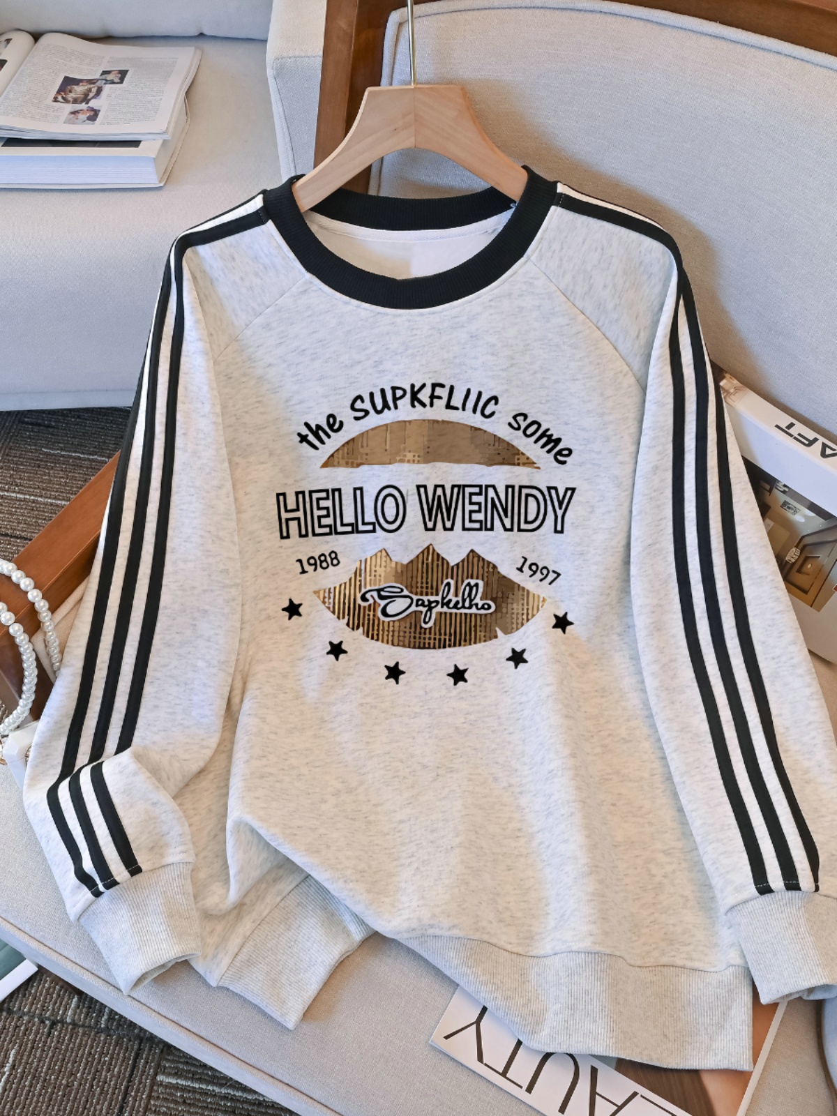American High Street Fashion Brand Three Bars Sweatshirt Female Fall and Winter New Arrival Plus Size Plus Size Ladies Loose Slim Looking Lazy Coat Tide
