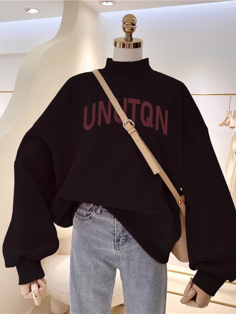 American Retro Oversize Half Turtleneck Black Fancy Sweatshirt Women's Fall and Winter plus Size Fleece-Lined Thicker Top Clothes