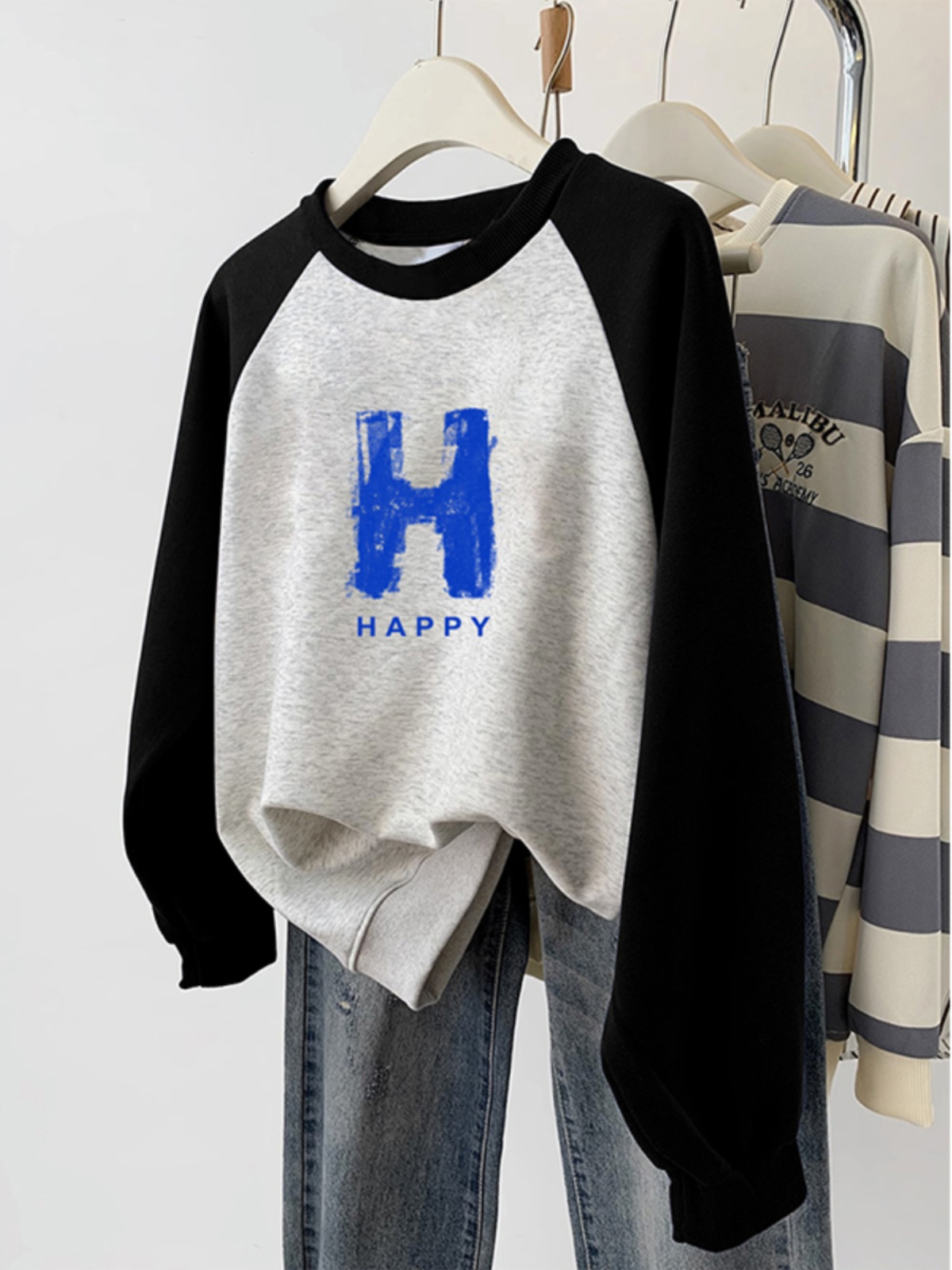 Plus Size Plus Size Ladies American Retro Raglan Sleeve Autumn and Winter Fleece Sweater Women's Stylish Niche Style Crew Neck Coat Top Clothes