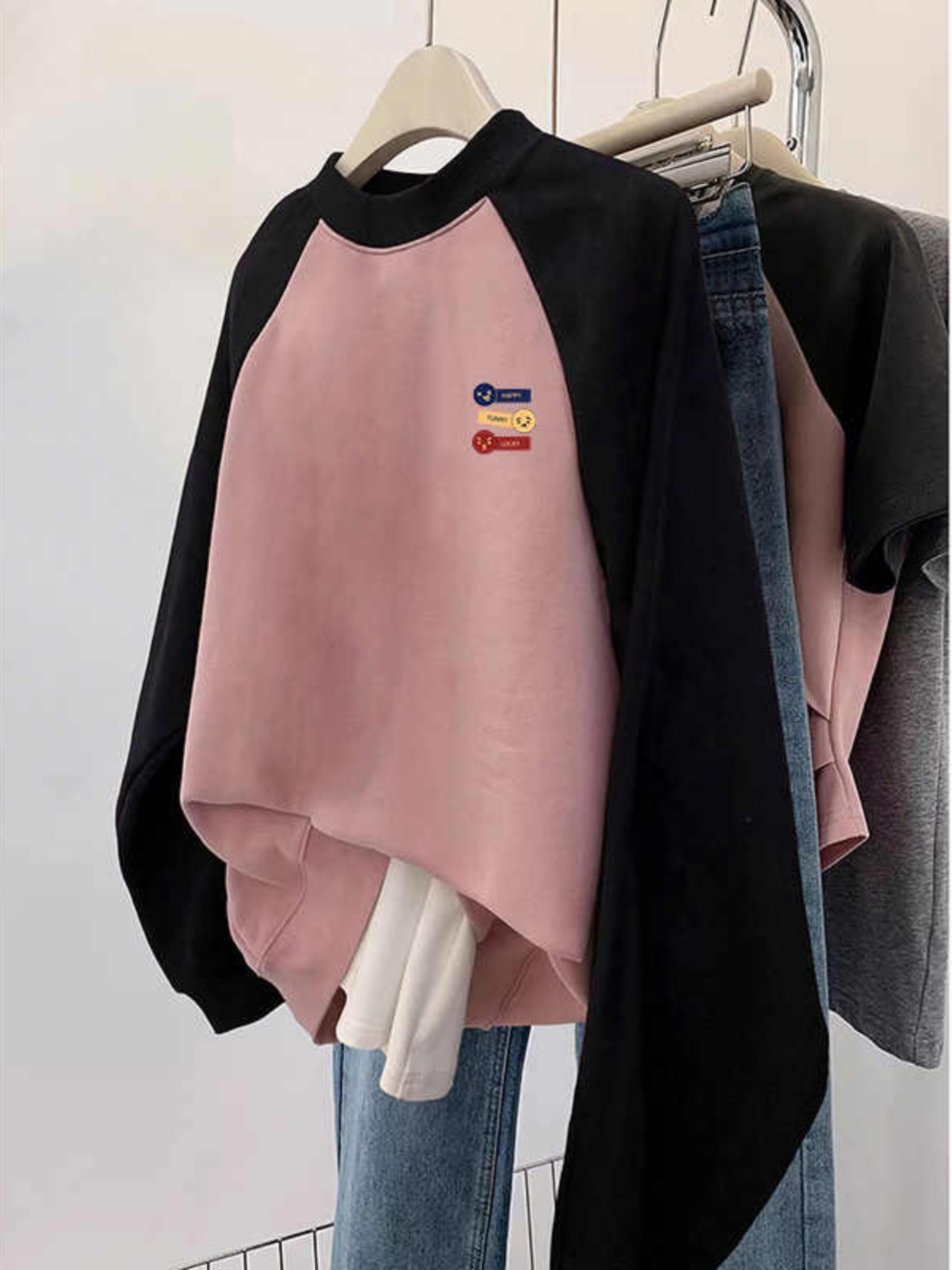 Plus Size Plus Size Ladies Raglan Sleeve round Neck Sweatshirt Women Fall and Winter Fleece-lined Oversize Slim Looking Tummy Hiding Loose Contrast Color