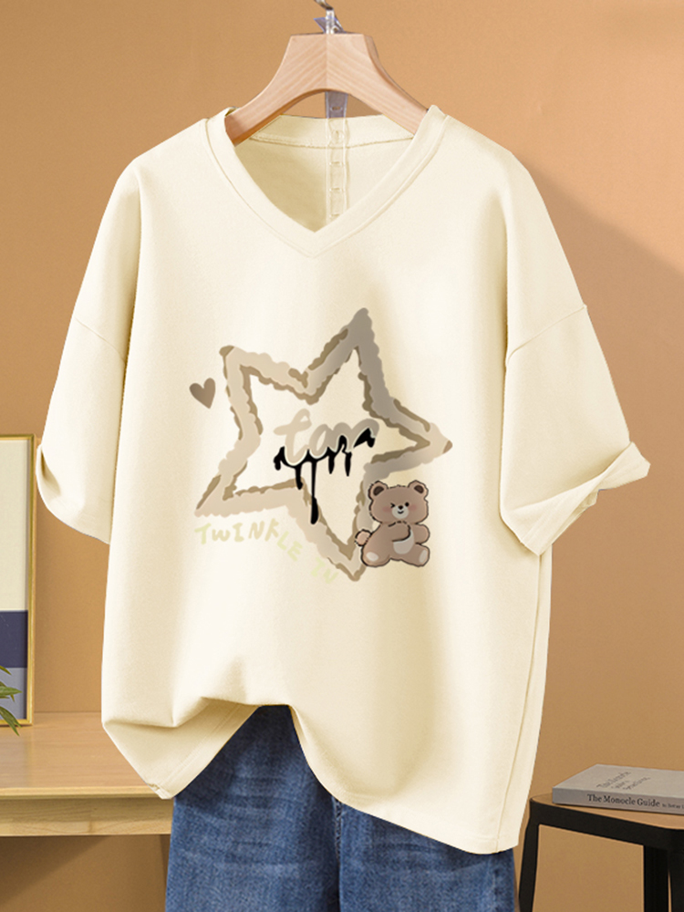 Plus Size Plus Size Ladies Loose American Retro Style T-Shirt Female 2025 Early Spring V Neck Inner Bottoming Shirt Short Sleeves Top