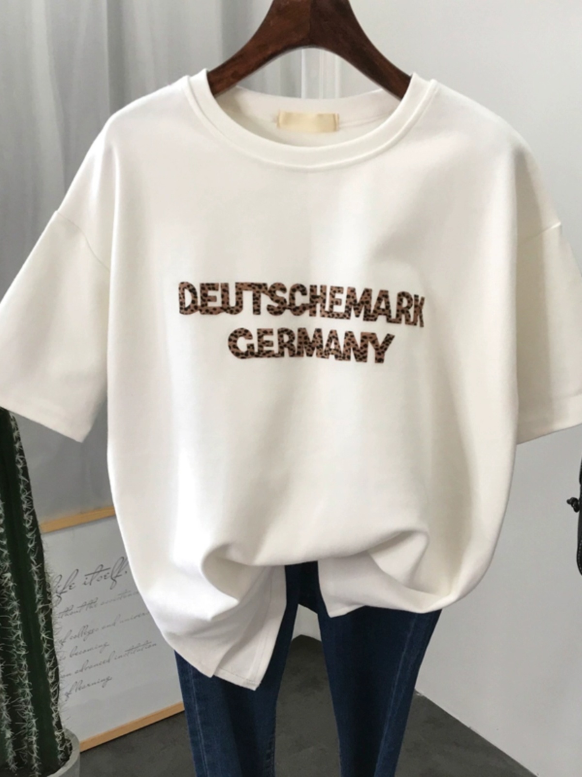 Autumn and Winter Loose Thick Cotton Brushed Short Sleeve T-shirt