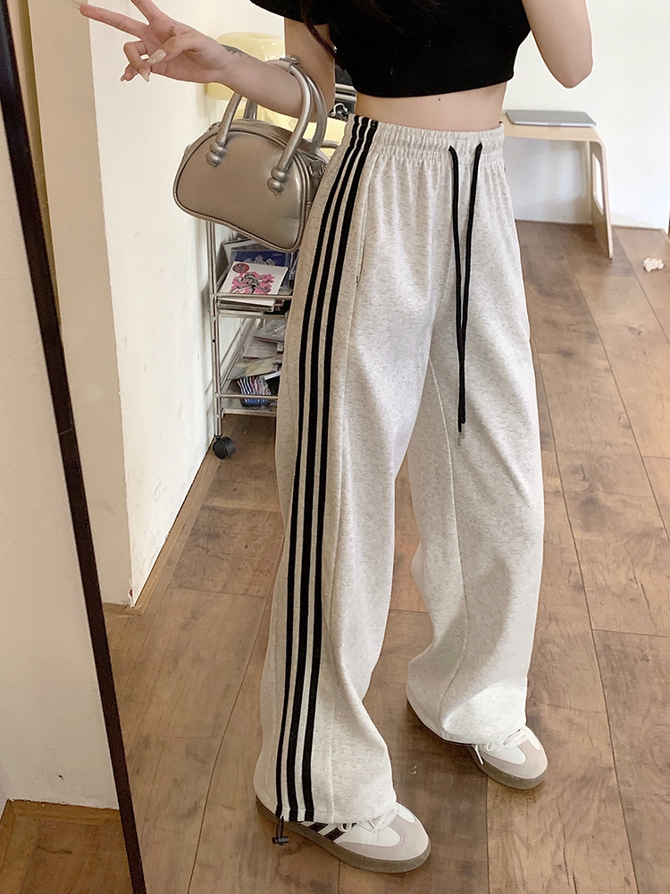 2025 Summer New Arrival Plus Size Plus Size Ladies Light Gray Striped Pants Female Wide-Leg Straight Pants Casual Baggy Track Pants