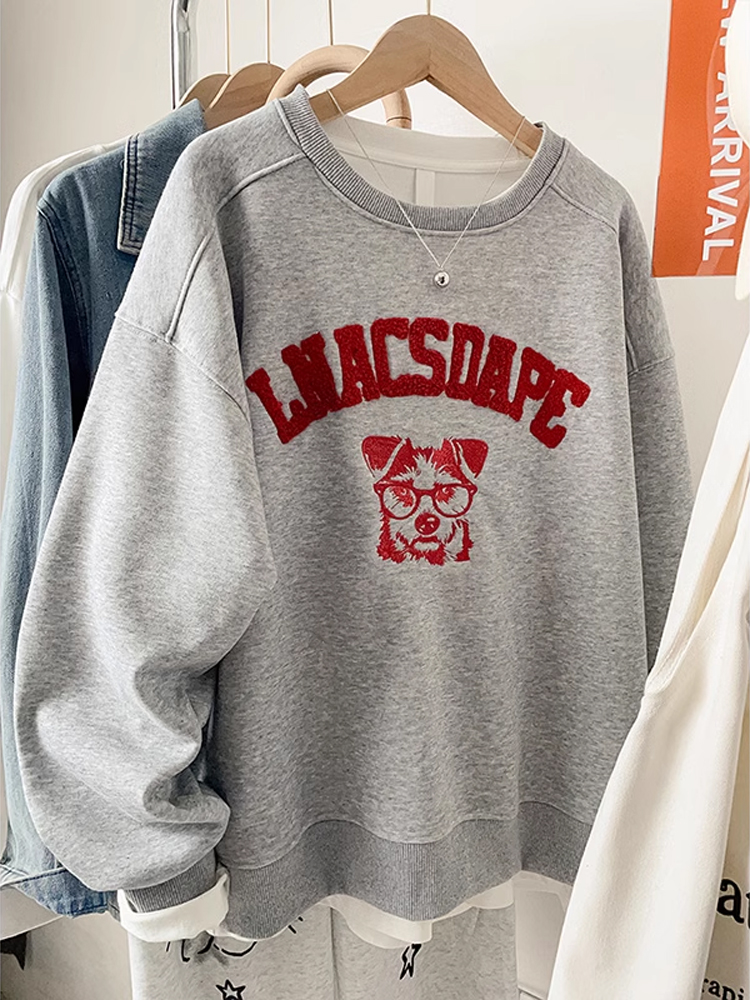 Plus Size Ladies Trendy American Embroidered Crew Neck Hoodless Sweater Female Plus Size Fall and Winter Fleece-lined Thickened Small Coat