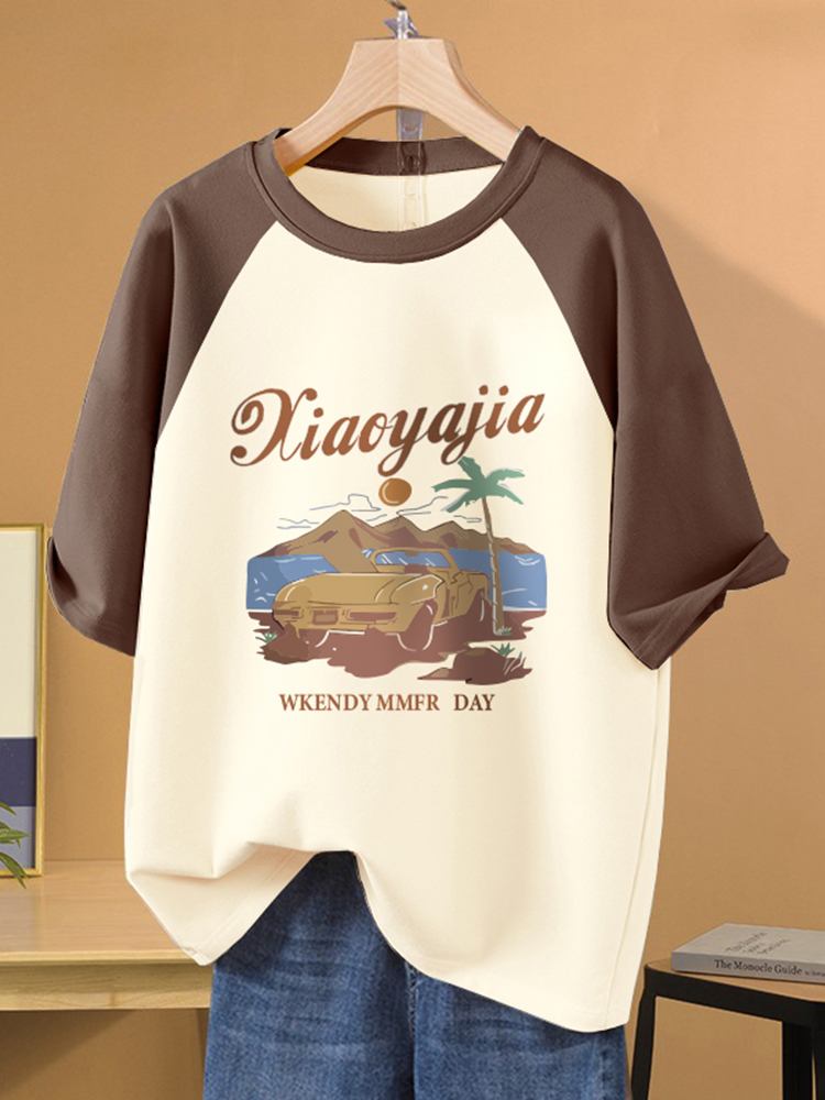 American Retro Patchwork Raglan Sleeve Short Sleeve Pure Cotton T-shirt Women's Summer Plus Size Plus Size Ladies Slim Looking Belly Covering Half Sleeve Tops